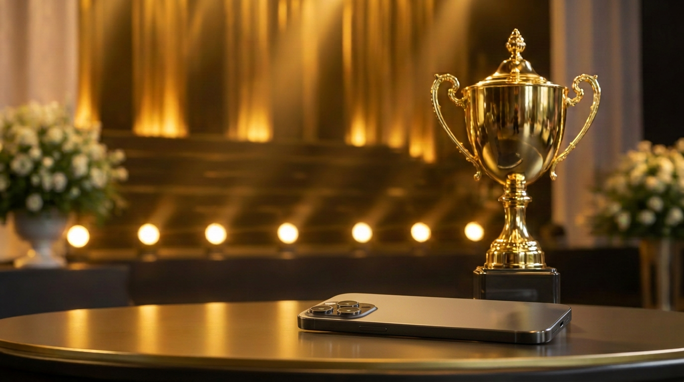 Brand-new iPhone 15 and gold trophy on an awards stage